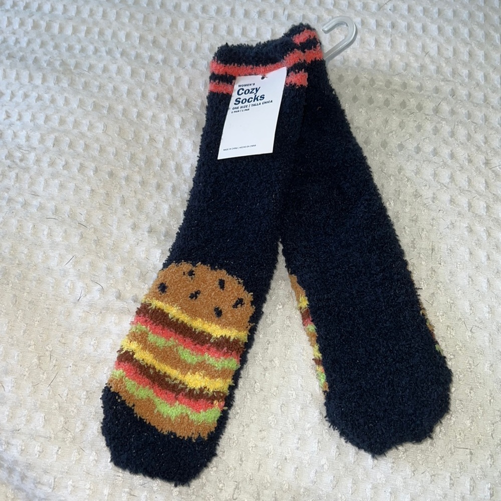 Navy blue fuzzy socks with cheeseburgers